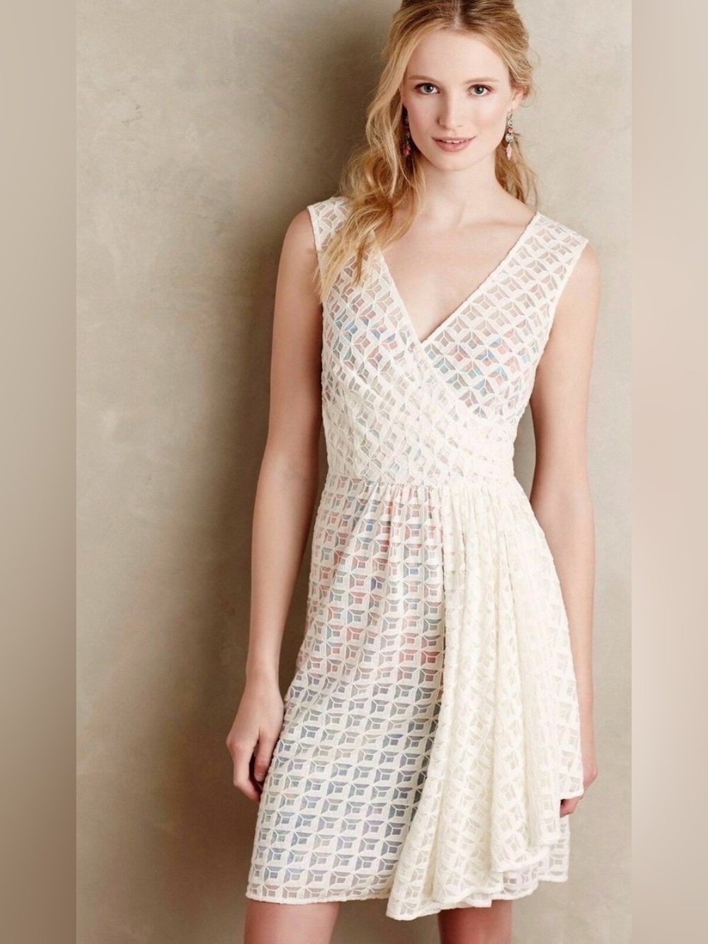 Anthropologie Tracy Reese white sheer lace cubist abstract colorful dress